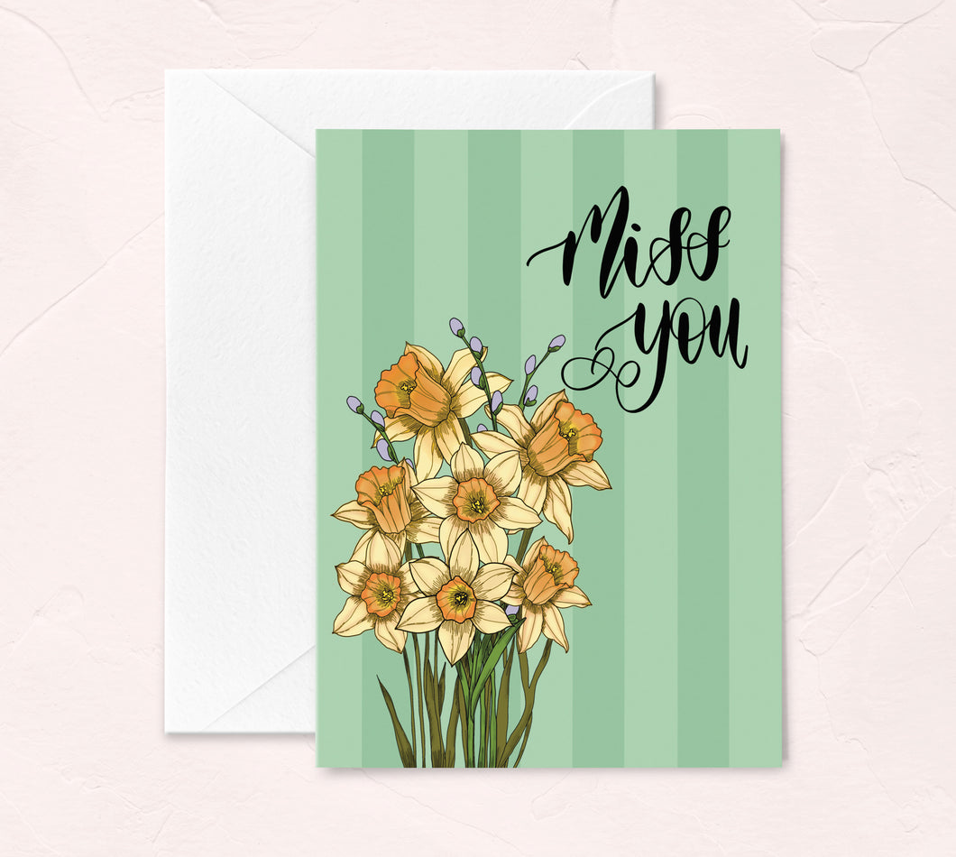 yellow daffodils and green stripes miss you greeting card by Fioribelle