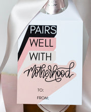 Load image into Gallery viewer, pairs well with motherhood pink wine bottle gift tag by fioribelle