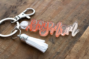 boy mom clear acrylic keychain with white tassel by fioribelle
