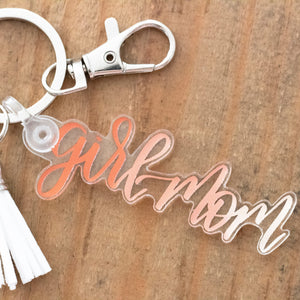 girl mom clear acrylic keychain with white tassel by fioribelle