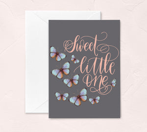 New baby greeting card with butterflies and cursive text by fioribelle