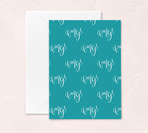 teal and white OMG new baby calligraphy greeting card by fioribelle