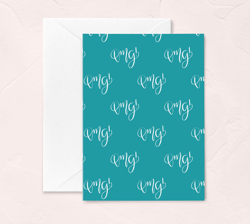 teal and white OMG new baby calligraphy greeting card by fioribelle