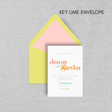 Load image into Gallery viewer, neon green envelope for retro wedding invitations by fioribelle