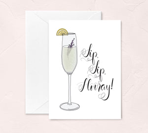 sip sip hooray congratulations greeting card with a champagne glass illustration by fioribelle