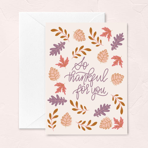 blush thanksgiving greeting card with fall leaf illustrations by fioribelle