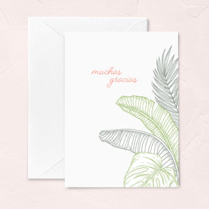 thank you card in spanish with tropical palm leaves