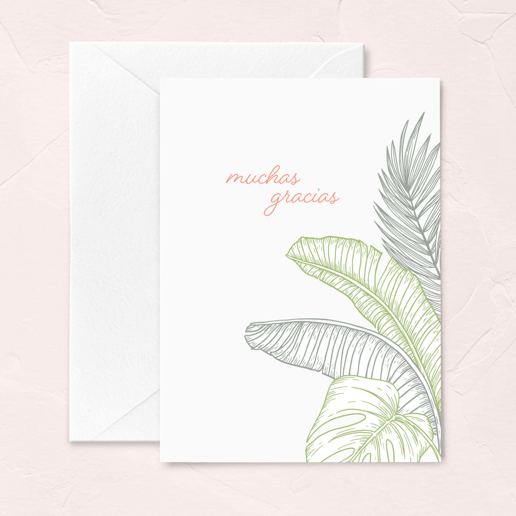 thank you card in spanish with tropical palm leaves