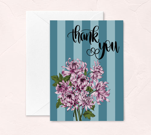 purple dahlias and blue stripes floral thank you greeting card by Fioribelle
