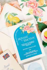 modern wedding invitations with watercolor citrus fruits, florals and greenery for florida summer weddings 
