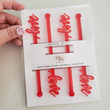 Load image into Gallery viewer, set of 4 red love acrylic drink stirrers for valentine&#39;s day party favors by fioribelle