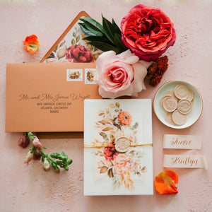 vintage floral vellum wrap wedding invitations for fall weddings