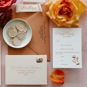 classic floral wedding invitations for fall with terracotta and blush wedding envelopes